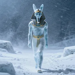 cleopatra walking in the snow in a very windy and cold place, everything is made out of ice, ancient egypt, cinematic lighting