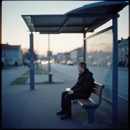 a lomographic photo of russian lone man sitting in bus station at early evening in small town, cinestill, bokeh, out of focus