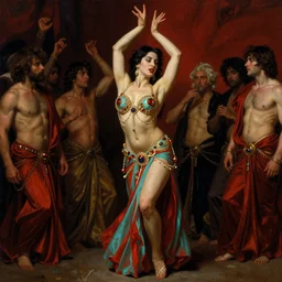 red and turquoise raving bellydancer in the style of wayne barlowe, gustav moreau, goward, bussiere, roberto ferri, santiago caruso, luis ricardo falero, austin osman spare