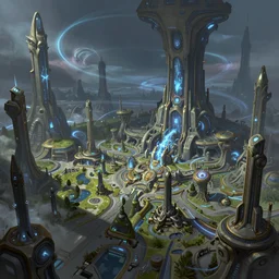 a protoss cityscape with advanced technology, inspired by the game starcraftt. the city sprawling below is a mix of organic and inorganic, with swirling energy currents and strange crystalline structures, illustrated in a realistic and detailed style by wei wang, artstation