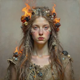 a close up oil portrait | single character | full medium shot | front close - up | dressed in long rags with minerals, fire in your hair, ethereal, accurate goddess, tiny mineral embellishments on the face, particles, octane render, aertstation, fine art, intrincate. by peter mohrbacher, marc simonetti, anna podedwor