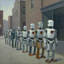robots queue up in a stark brutalist town, street elevation, grant wood, pj crook, edward hopper, oil on canvas