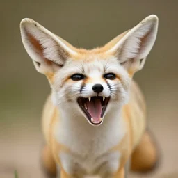 a photograph of a fennec fox screaming, its mouth wide open, soft focus, 50mm