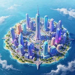 intricate cyberpunk city surrounded by a glistening lake waves, art by seerlight, saturated chromatic, utopian, science fiction, digital illustration, artstation, blender eevee