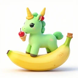 lime green unicorn on top of a giant banana, eating a ice cream, cherry on top, digital painting, black hole background, 8 k