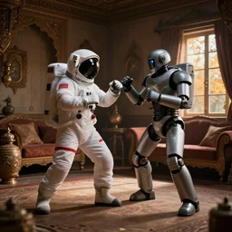 a cosmonaut in a spacesuit posing for a fight with a robot, in a richly decorated indian house. the autumn light comes in through a window and dimly illuminates the room, diffuse light, octane render, 4 k, matte painting