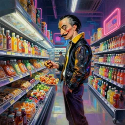 cyberpunk man shopping at a neon soaked grocery store, science fiction painting, elegant intricate digital painting artstation, art by salvador dali, detailed