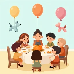a family, who are all baloon animals, is about to eat thanksgiving dinner, still from a cartoon show