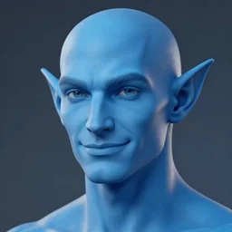 a face portrait of a [ blue ] humanoid male with, elegant, smiling, chiseled jaw, slightly smiling, triton race from d & d, elf ears, beautiful man, long blue hair in a ponytail, short hair on sides, white background, dramatic light, high detail, cinematic lighting, artstation, by edward hopper