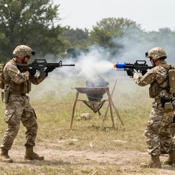 “modern army platoons shooting squirt-guns at enemies”
