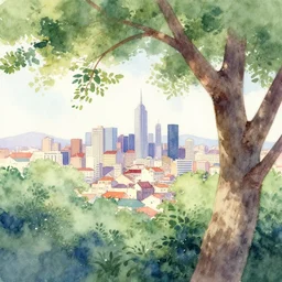 city on a a tree, watercolor painting