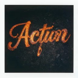 ultra - detailed polaroid of bright orange lava spelling out action over black dirt in calligraphy fraktur wayne d barlowe