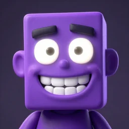 portrait of a cartoon man with a blocky head, white teeth glowing cartoonish smile, white glowing blocky eyes and purple skin, digital art, ultra realistic, ultra detailed, art by greg rutkowski, goofy, cute