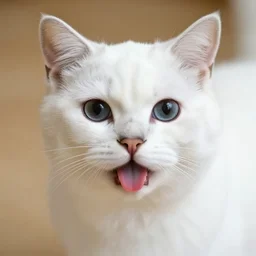 A photograph of a white cat looking at camera, with black fur around her eyes, sticking tongue out, warm lighting, 4k, 8k, hd
