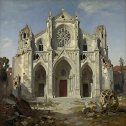 mega ruin site of a decaying cathedral, oil on canvas by giorgio de chirico and alan lee