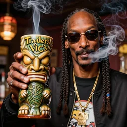 a closeup photorealistic photograph of smoking snoop dogg at trader vic's bar holding up a trader vic's tiki mug featuring the face of snoop dogg tiki culture. brightly lit scene. this 4 k hd image is trending on artstation, featured on behance, well - rendered, extra crisp, features intricate detail, epic composition and the style of unreal engine.