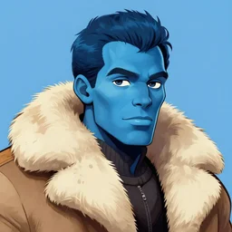 a blue-skinned man wearing a fur coat, illustration, head shot, close up
