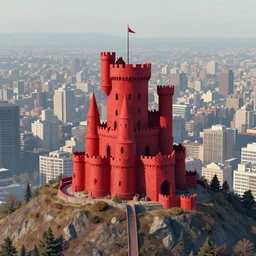 a brutalist red castle is sitting on top of a shallow hill in the middle of a massive city, Paul Chadeisson