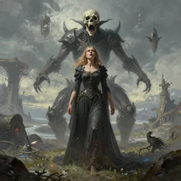 death is swallowed up in victory, very detailed and beautiful portrait of a young woman by daniel oldenburg, necromancer bt h. r. giger, screaming with fear, artwork by artgerm, centered shot, wide angle, full body, islandpunk, solarpunk, fantasy, highly detailed, digital painting, artstation, smooth, sharp focus, landscape art by thomas kinkade and yusei uesugi