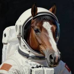 Portrait of a Horse astronaut wearing helmet in the style of James Gilleard, Zdzislaw Beksinski, Mark Ryden, Wolfgang Lettl highly detailed, hints of Yayoi Kasuma