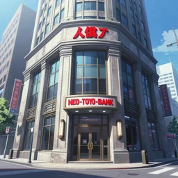Wide angle Concept Art of neo-Tokyo Bank, in the Style of Akira, Anime, Dystopian, Cyberpunk, Crypto Valut, Helicopter Drones, 19XX