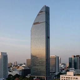 An impressive watermelon-shaped skyscrapper dominating the skyline of bangkok in the evening, high quality photograph