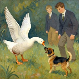 a goose was fighting with a dog by krenz cushart and artem demura and alphonse mucha and tony sandoval