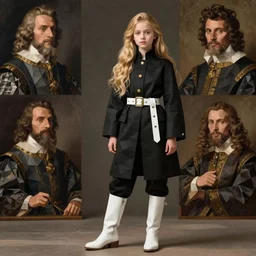 cloth, black fabric coat, jodhpurs high white lether boots and belts, fashion retro, elegant long hair blondie young girl, fantasy traveler, geometrical low poly, dainty renaissance portrait by michael garmash, sargent, greg rutkowski, gaston bussiere, rhads, craig mullins