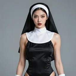 cyber nun asian beautiful face, muscular body