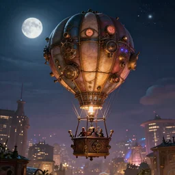 a stunning fantasy scene of a steampunk hot - air balloon flying over a lit city at night | highly detailed | very intricate | disney | magic the gathering | steampunk | chiaroscuro | dramatic romantic epic breathtaking whimsical magical | bokeh moon stars | professional cinematic lighting | award - winning | painted by marc simonetti and anton fadeev and paul lehr | pastel color palette | featured on artstation