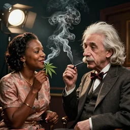 Rosa Parks smoking cannabis with a Young Albert Einstein; cinema film; art direction; 4K; 8K; dramatic Studio lighting by John Gaeta