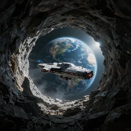 a nordic extraterrestrial spaceship at the end of the worm hole leading to planet earth, epic scene, extremely detailed masterpiece, extremely moody lighting, glowing light and shadow, atmospheric, shadowy, cinematic, god lighting