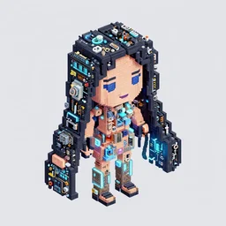 isometric pixel voxel portrait photo of girl made of spare electric parts and glowing nixie minimal liminal design