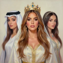 a portrait of a woman who looks like a mix between sofia vergara and victoria justice as an arabian princess in a disney movie, crown!! oil painting, pale colors, high detail, 8 k, wide angle, trending on artstation,