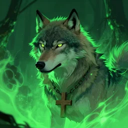 a wolf with a green aura and a wooden cross around its neck, cyberpunk art by cyril rolando, featured on deviantart, fantasy art, behance hd, deviantart, seapunk