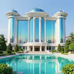 highly detailed north korean pyongyang architecture by antoni gaudi, reflective lighting, holographic, stylized vegetation, ground - level view, puddles of turquoise water, stunning sunny lighting, sunrise, by vincent van gogh and john berkey, 8 k, matte painting, ray tracing, unreal engine 5, octane render, cyberpunk, vibrant