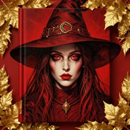 gold red black color, golden leaves at frame border, creative!!! composition for a book cover!!!, absurdly beautiful, ultrafine hyperrealistic detailed old witch face by wlop and artgerm and greg rutkowski, intricate linework, sharp focus, smooth, octopath traveler, final fantasy, unreal engine, dramatic lighting, ethereal, 8 k