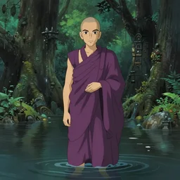a wide shot film still of a mauve old monk standing inside a flooded temple jungle. finely detailed features, chronenberg, perfect art, grimdark, trending on pixiv fanbox, painted by studio ghibli