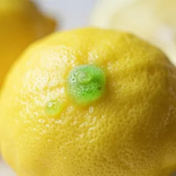 close - up shot of a lemon covered in green goo, macro lens, depth of field, bokeh