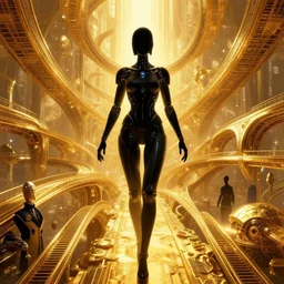 the intrincate golden way of the ai god, movie poster, wizard, solarpunk, golden bridges by haza hadid, cyberpunk, female cyborg black silhouette, hyperdetailed, artstation, cgsociety, 8 k, designed by richard amsel and john alvin and bill gold, composition by saul bass