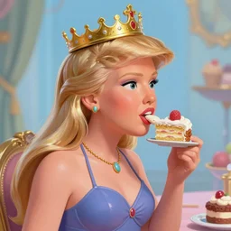 closeup profile portrait of a tin toy ivanka trump as a fairytale princess wearing a crown and eating cakes, bikini, hyper realistic, artstation, illustration, nicoletta ceccoli, mark ryden, lostfish, max fleischer, digital paint, matte paint, vivid colors, bright, cheerful, detailed and intricate environment