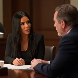 a pov, color cinema film still of kim kardashian as kim wexler speaking to saul goodman at a desk, cinematic lighting, from better call saul.