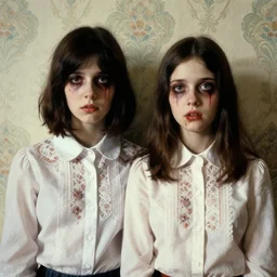 a baroque painting of two beautiful but creepy siblings wearing oxford shirts in layers of fear, with haunted eyes and dark hair, 1 9 7 0 s, seventies, wallpaper, a little blood, morning light showing injuries, delicate embellishments, painterly, offset printing technique, by brom, robert henri, walter popp