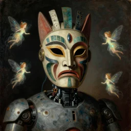 a baroque portrait painting of a robot wearing an intense tribal mask. pulp sci - fi art for omni magazine. glowing fantasy fairies. high contrast. dark background. baroque period, oil on canvas. renaissance masterpiece. muted colors, soft gradients. trending on artstation. retrofuturism.