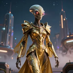 closeup of an alien with beautiful glowing eyes wearing a long flowing cloth shirt over stylish large futuristic golden armor suit walking to an outpost with tall buildings and lights in the background, night sky with stars, light mist, beautiful colorful, incredible detail, anamorphic 2 0 mm lens flare