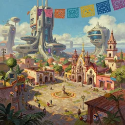 painting of of a post apocalyptic futuristic small mexican town cobbled kiosko central town square, studio ghibly and pixar, blade runner 2 0 4 9, san miguel de allende, hanging dia de muertos paper decorations, futuristic colonial city architecture, concept art by atey ghailan, artstation contest winner, concept art, artstation hq, 2 d game art