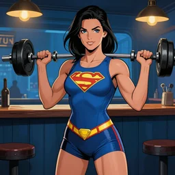 an attractive woman superhero lifting weights in a blues bar, digital illustration, in the style of greg rutkowski, intricate, highly detailed, sharp