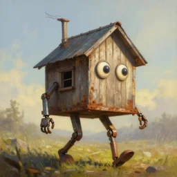 a walking wood and metal house with two mechanical legs and two big eyes, rust, hyperrealistic, highly detailed, cinematic, single ray of sun, morning, pareidolia, gravity falls style, beautiful, cgssociety, artstation, 8 k, oil painting, digital art