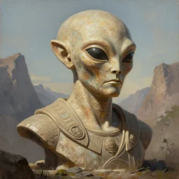 highly detailed professional painting of ancient monumental alien bust in mountains trending on artstation, ultra detail, atmospheric lighting