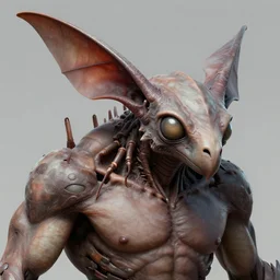 game concept art, muscular, exoskeleton, chiroptera head, chiroptera ears, chiroptera nose, amphipoda, hyperrealism, fine detail, artstation, cgsociety, zbrush, no background